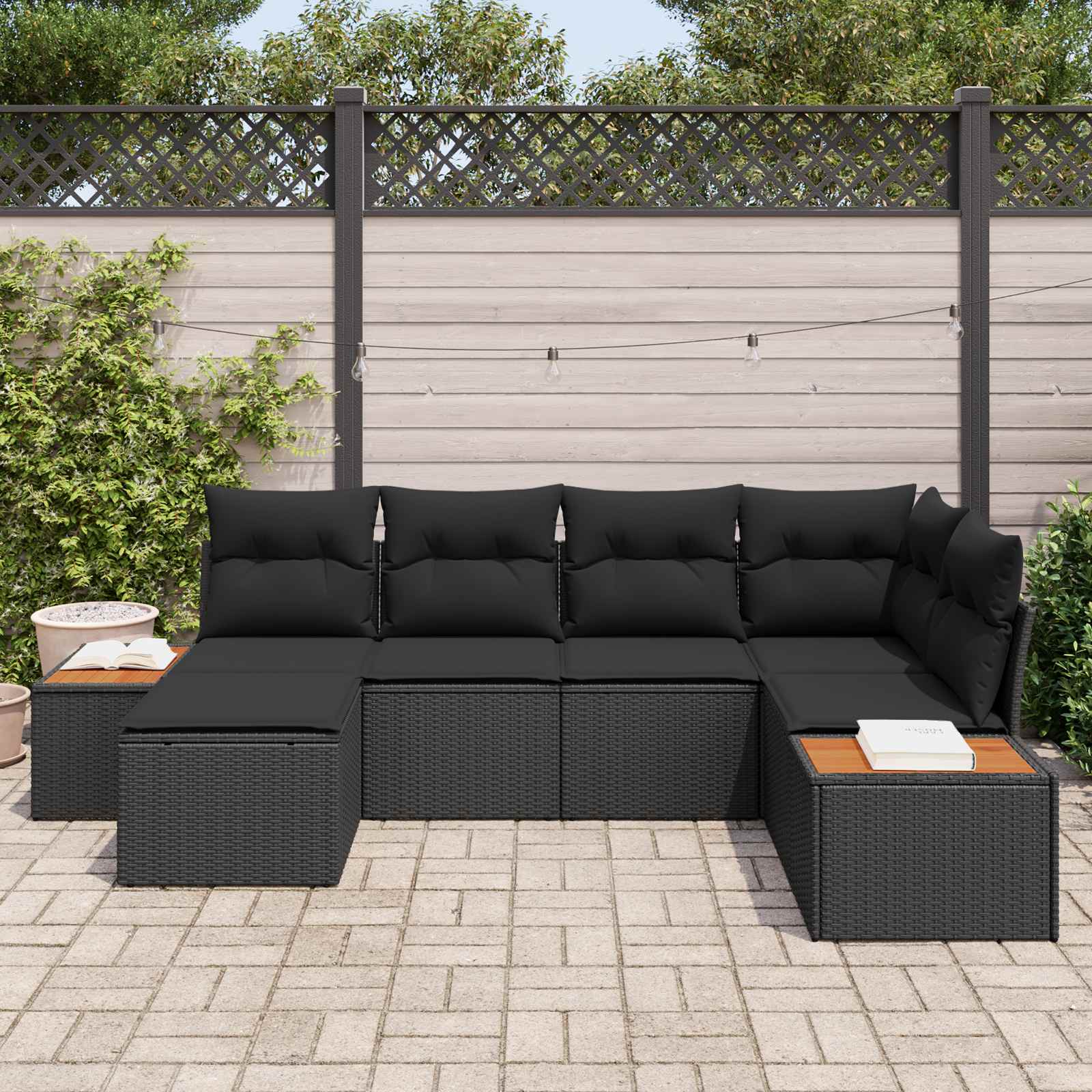 Tuinbankenset 7 st 6-Aantal zitplaatsen Zwart Polyrattan