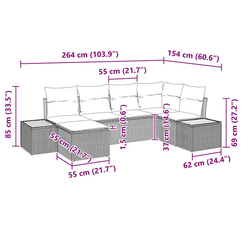 Tuinbankenset 7 st 6-Aantal zitplaatsen Grijs Polyrattan