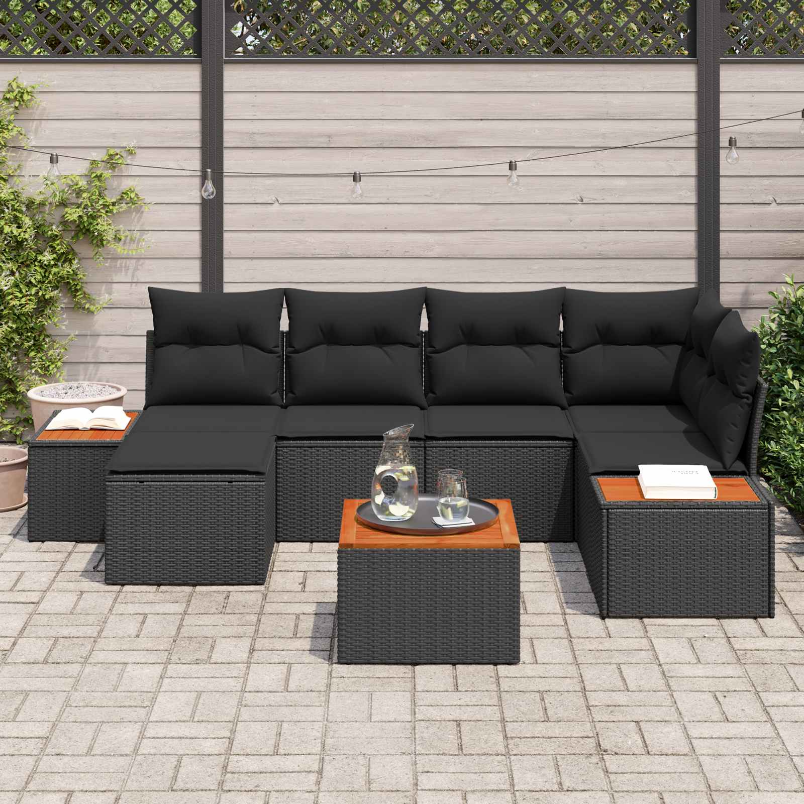 Tuinbankenset 7 st 6-Aantal zitplaatsen Zwart Polyrattan
