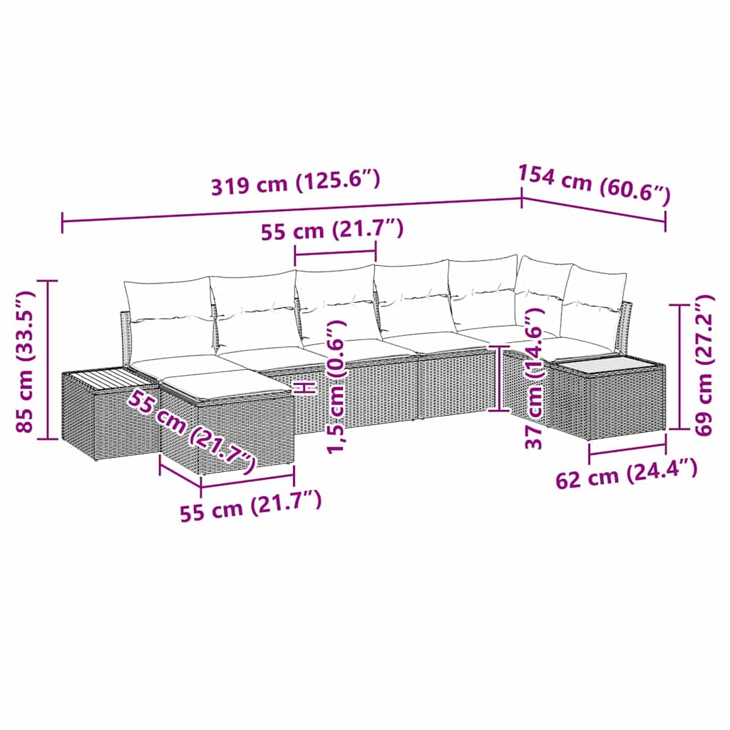 Tuinbankenset 8 st 7-Aantal zitplaatsen Grijs Polyrattan