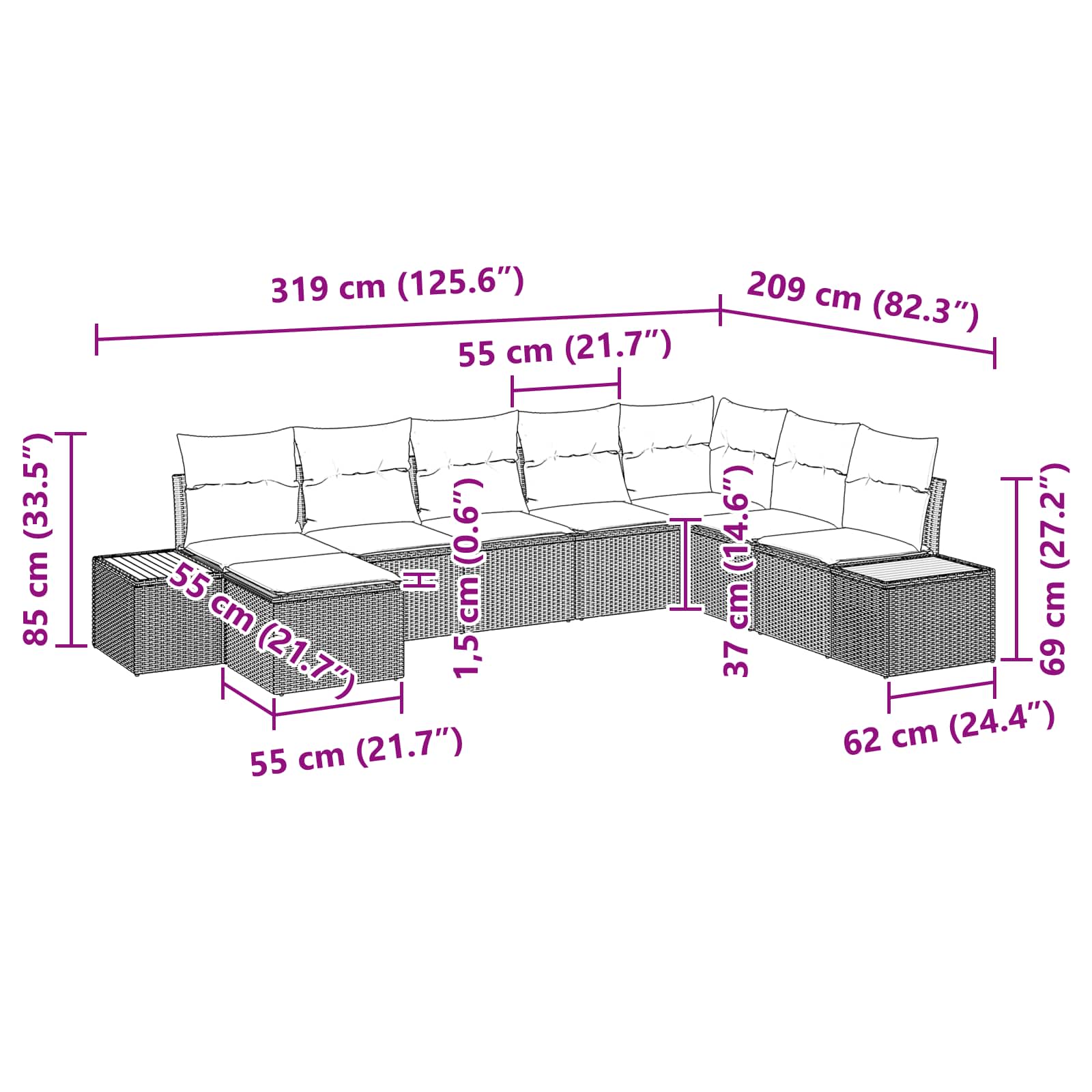 Tuinbankenset 9 st 8-Aantal zitplaatsen Zwart Polyrattan