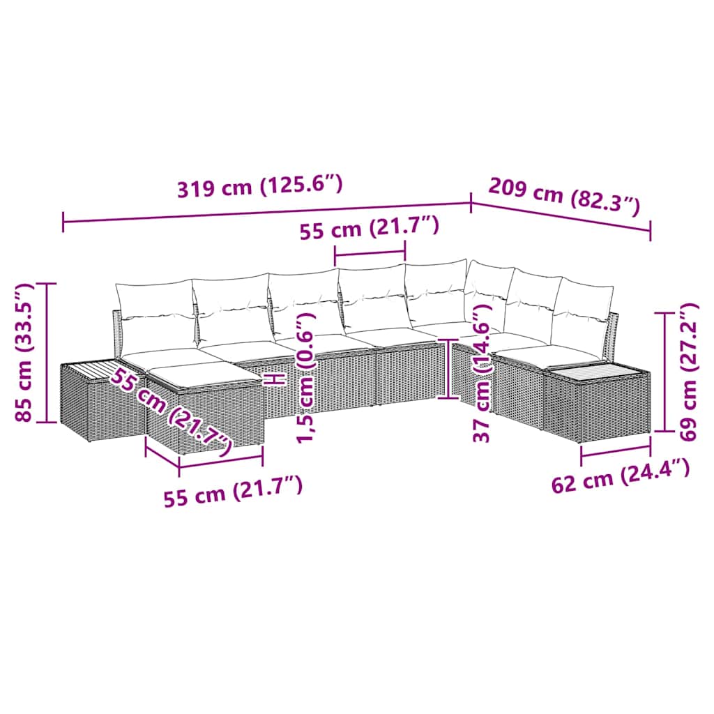 Tuinbankenset 9 st 8-Aantal zitplaatsen Grijs Polyrattan