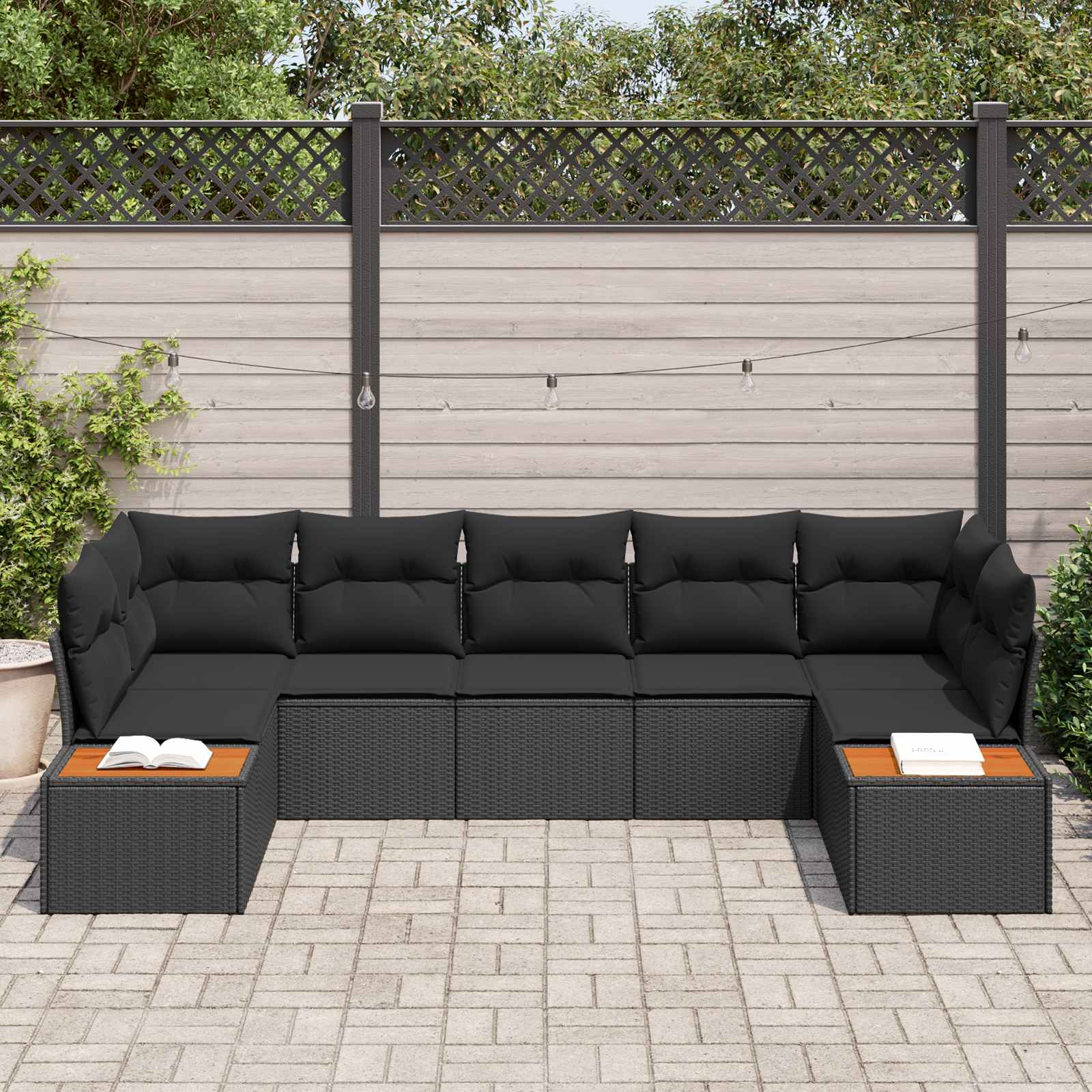 Tuinbankenset 7 st 7-Aantal zitplaatsen Zwart Polyrattan