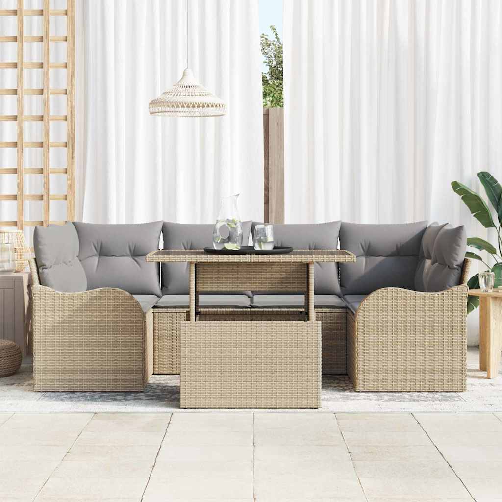 Tuin Sofa Set 7 st 6-Aantal zitplaatsen Beige Poly Rattan