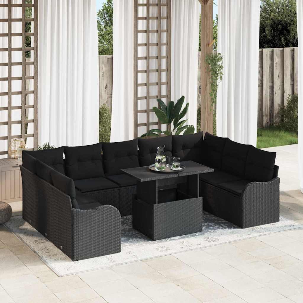 Tuin Sofa Set 10 st 9-Aantal zitplaatsen Zwart Poly Rattan
