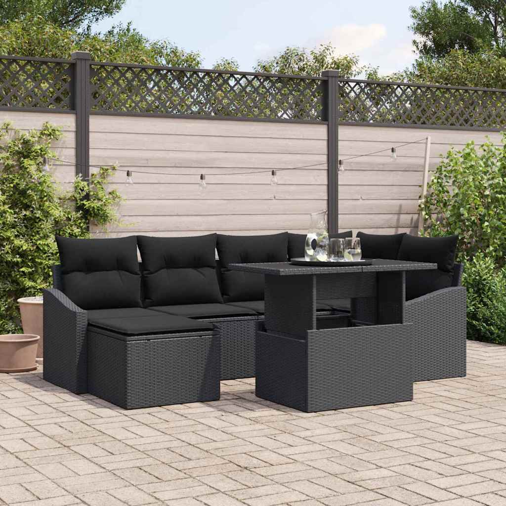 Tuin Sofa Set 7 st Zwart poly rattan, Gepoedercoat staal