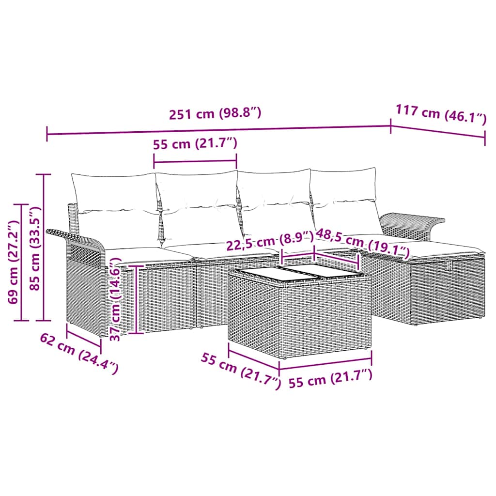 Tuinbankenset 6 st Grijs poly rattan