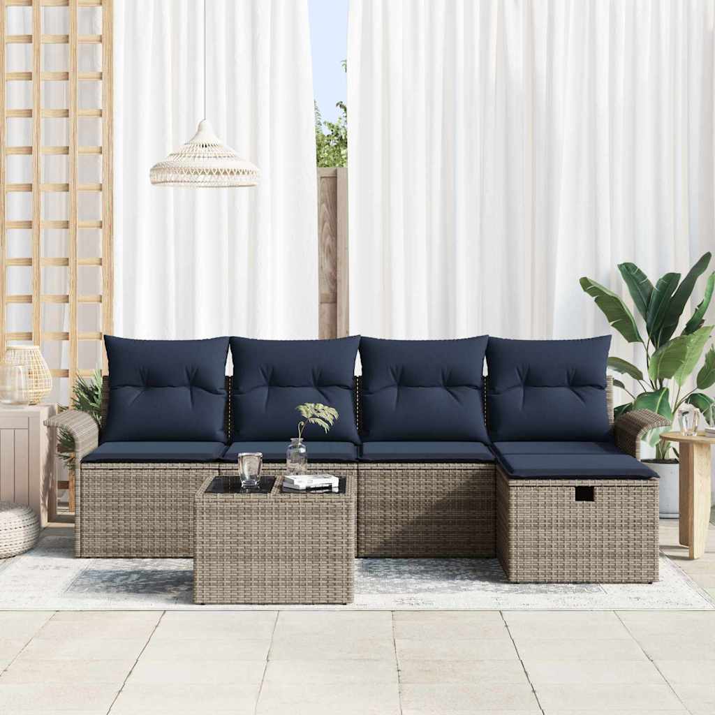 Tuin Sofa Set 6 st Grijs en Marineblauw poly rattan