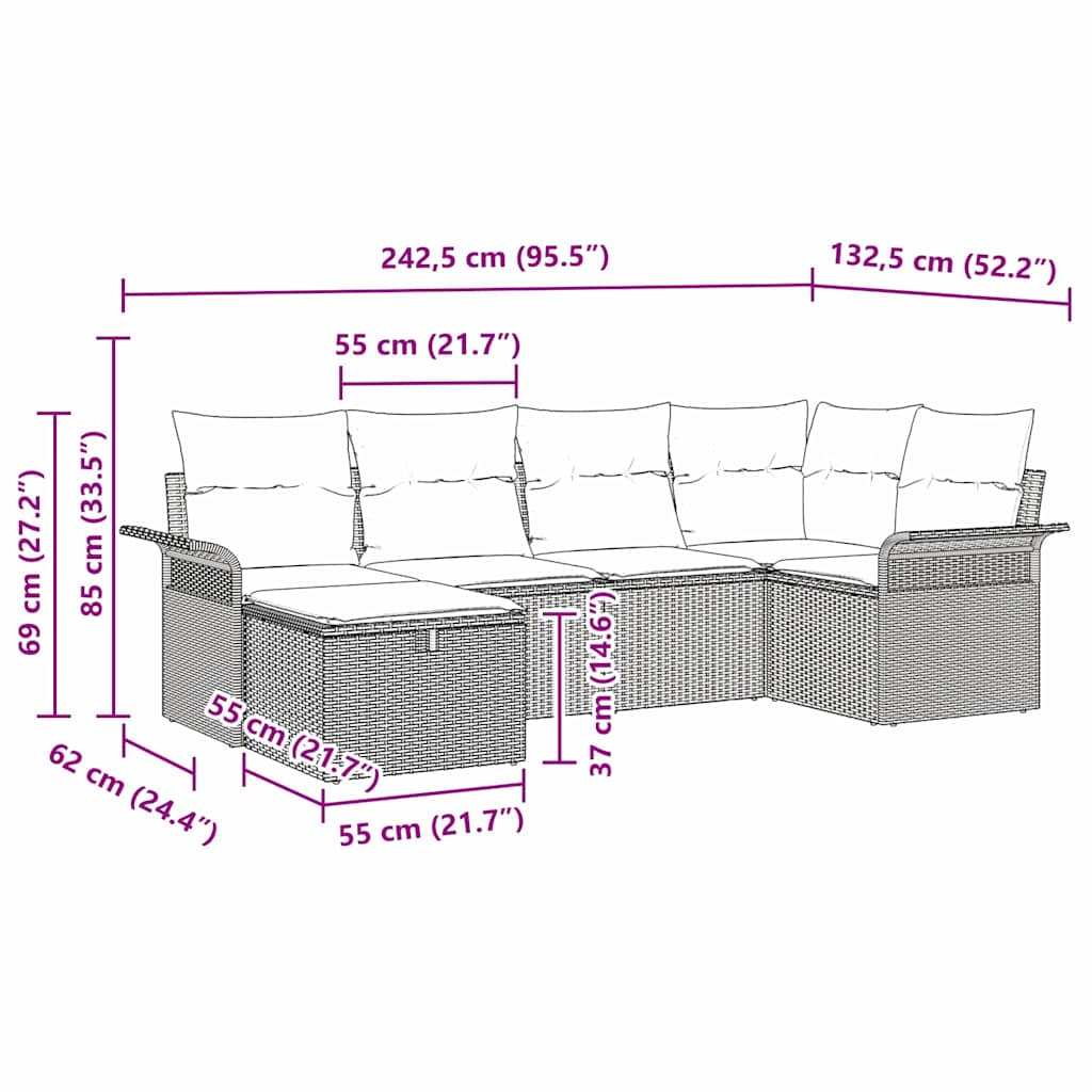 Tuinbankenset 6 st Zwart en Crème poly rattan