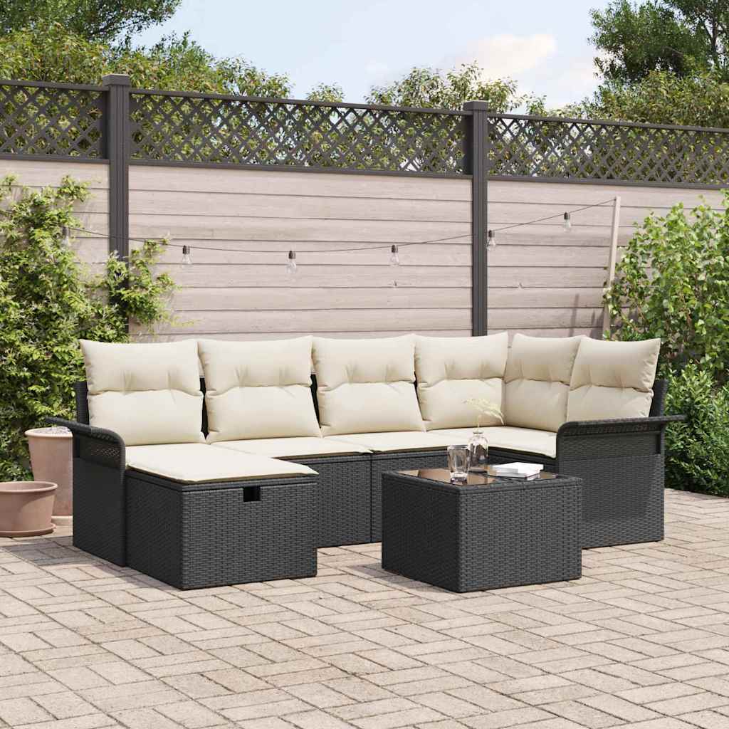 Tuin Sofa Set met kussen 7 pcs Zwart en Crème poly rattan