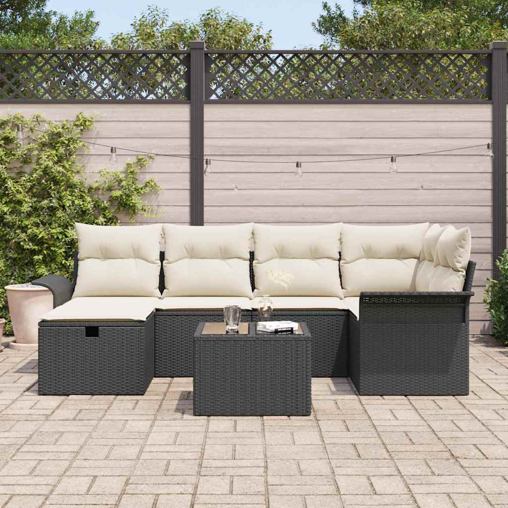 Tuin Sofa Set met kussen 7 pcs Zwart en Crème poly rattan