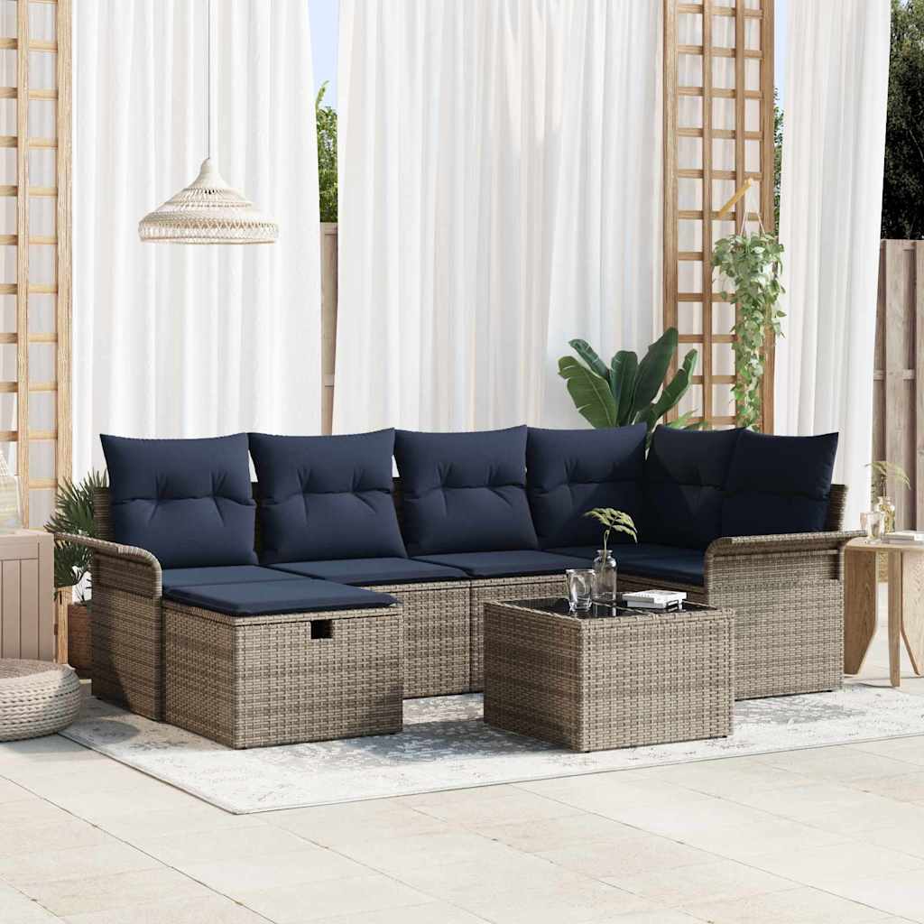 Tuin Sofa Set 7 st Grijs en Marineblauw poly rattan