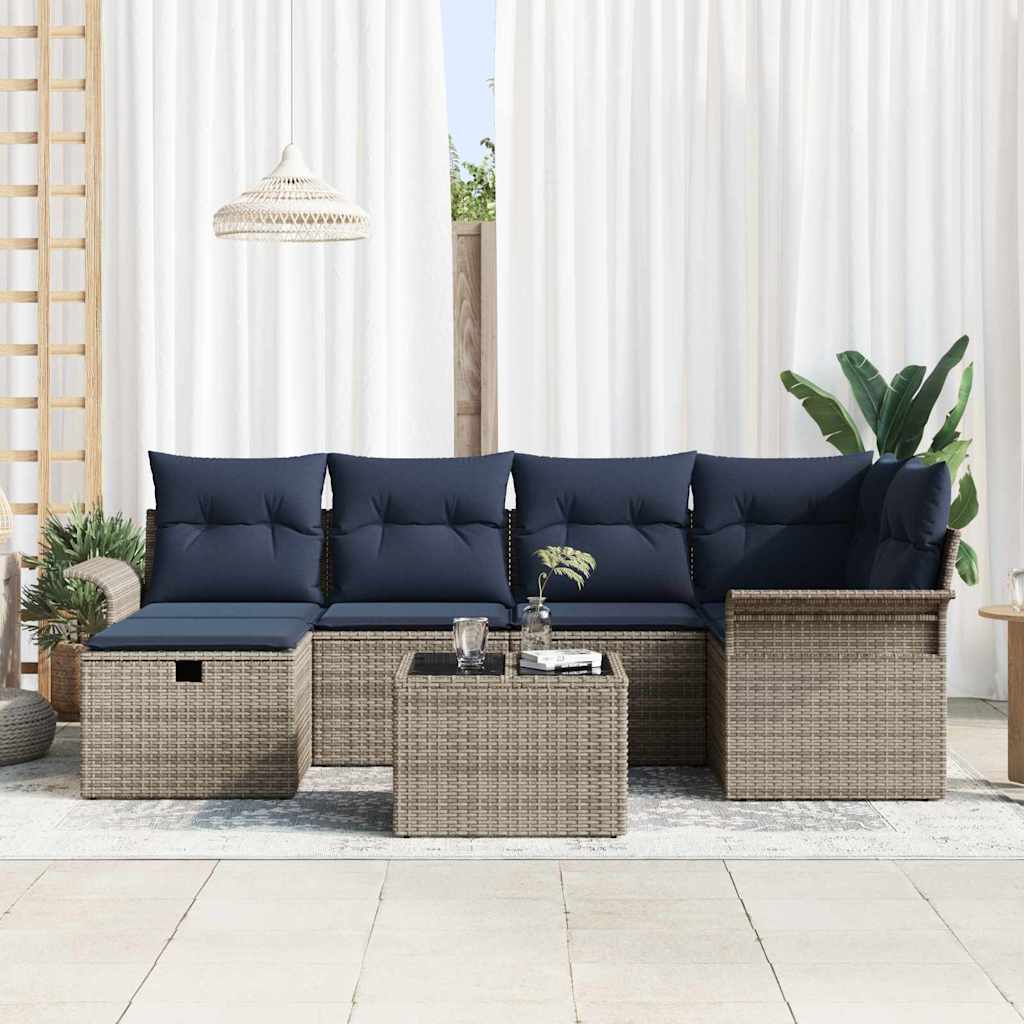Tuin Sofa Set 7 st Grijs en Marineblauw poly rattan