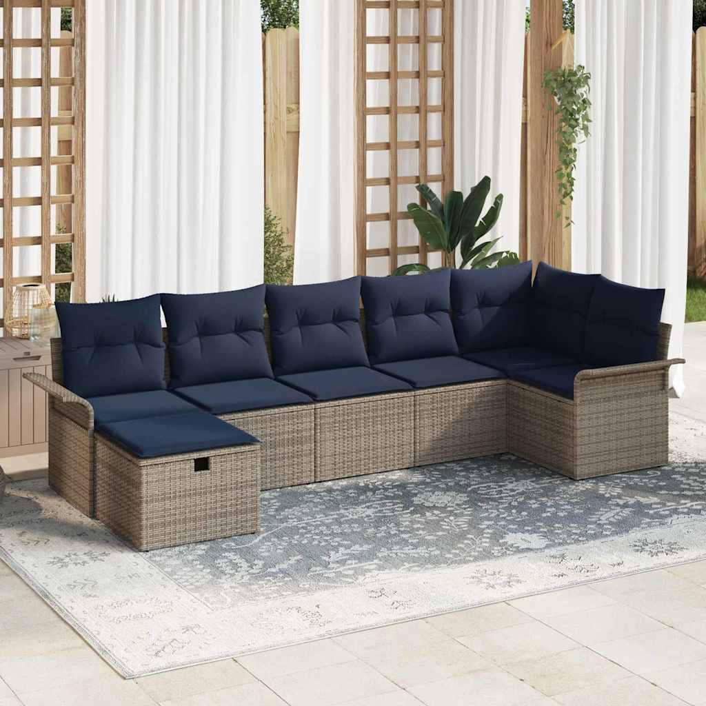 Tuin Sofa Set 7 st Grijs en Marineblauw poly rattan