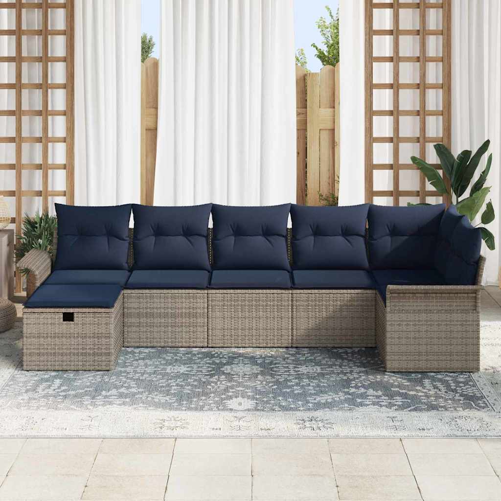 Tuin Sofa Set 7 st Grijs en Marineblauw poly rattan