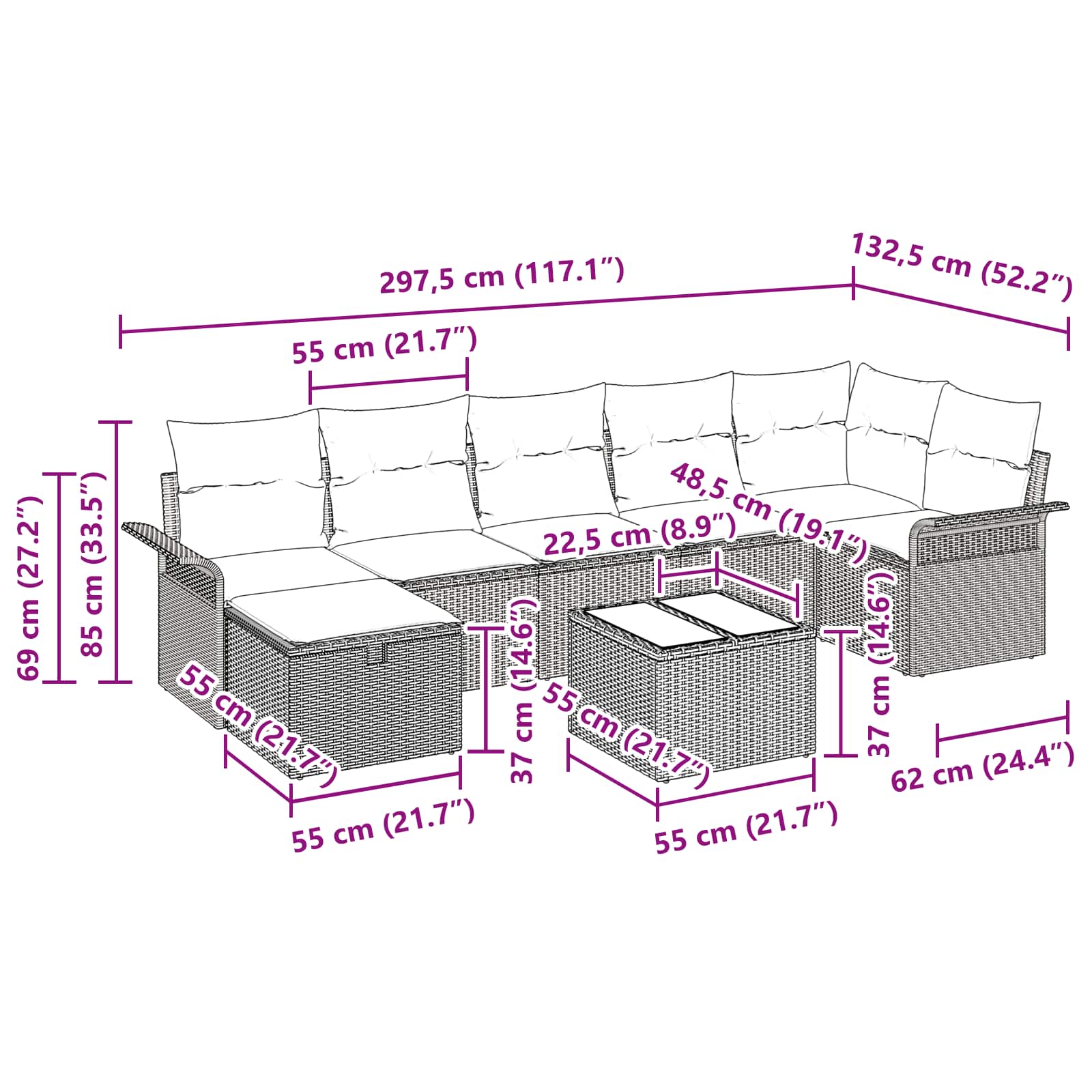 Tuin Sofa Set 8 st Grijs en Marineblauw poly rattan
