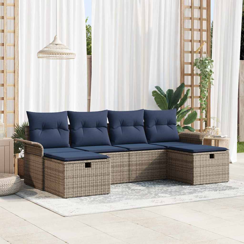 Tuin Sofa Set 6 st Grijs en Marineblauw poly rattan