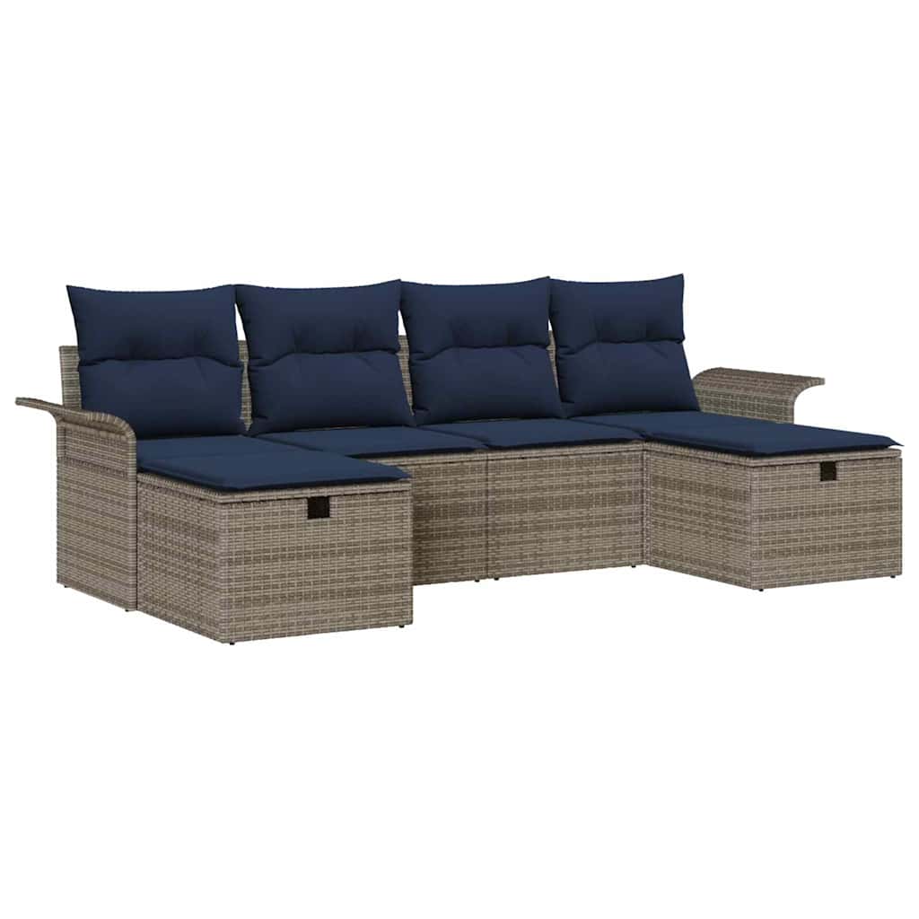 Tuin Sofa Set 6 st Grijs en Marineblauw poly rattan