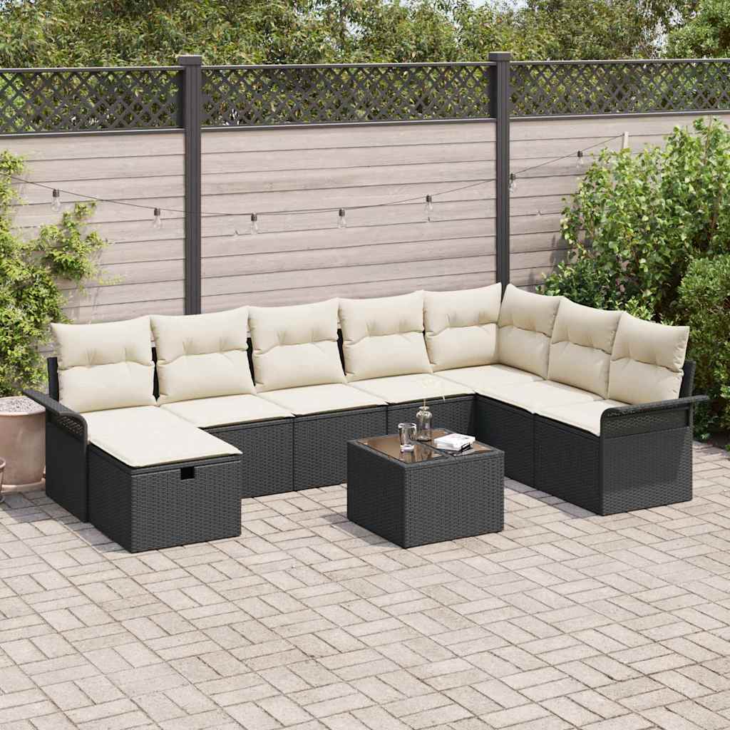 Tuin Sofa Set met kussen 9 pcs Zwart en Crème poly rattan