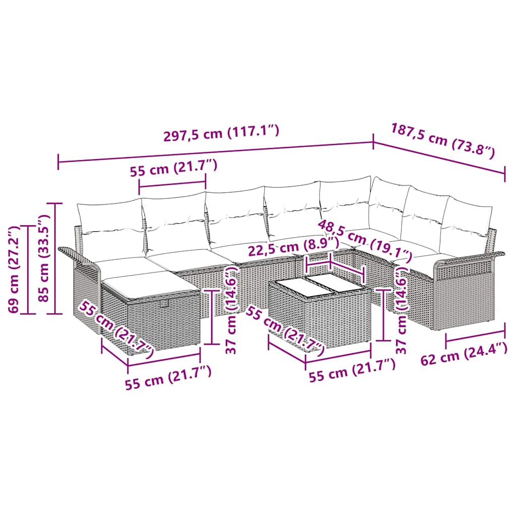 Tuin Sofa Set met kussen 9 pcs Zwart en Crème poly rattan