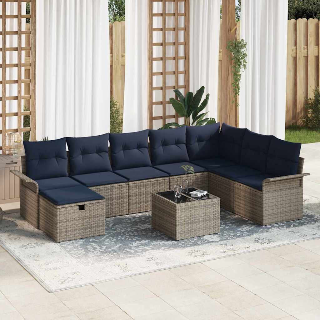 Tuin Sofa Set 9 st Grijs en Marineblauw poly rattan