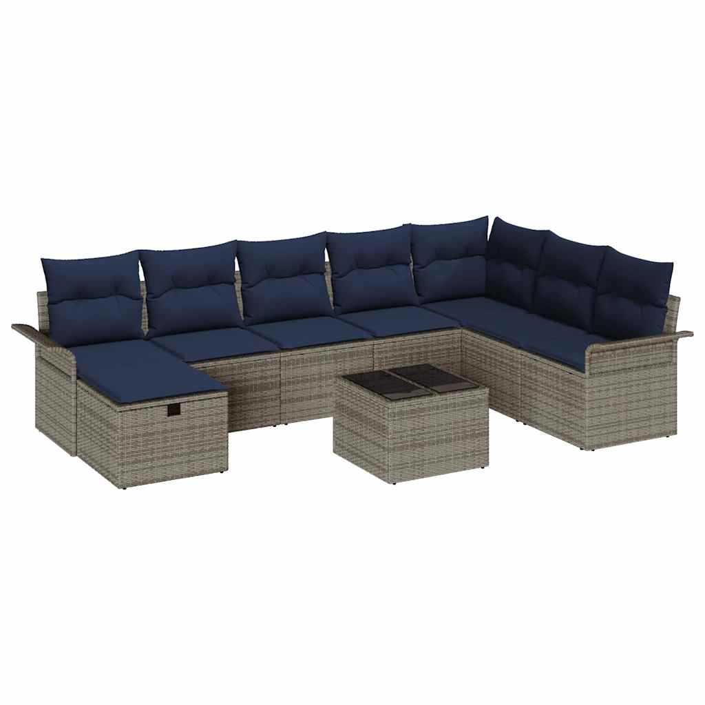 Tuin Sofa Set 9 st Grijs en Marineblauw poly rattan