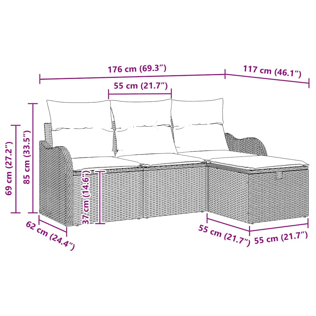 Tuinbankenset 4 st Beige en Crème poly rattan