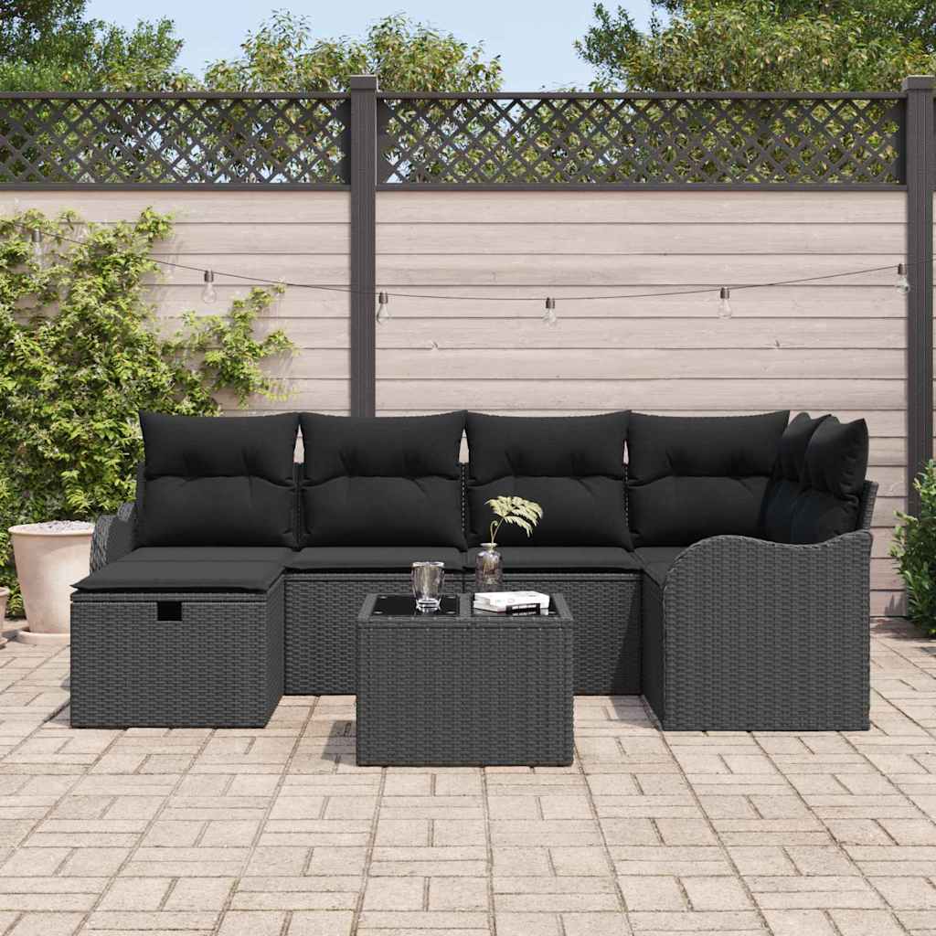 Tuin Sofa Set 7 st 6-Aantal zitplaatsen Zwart poly rattan