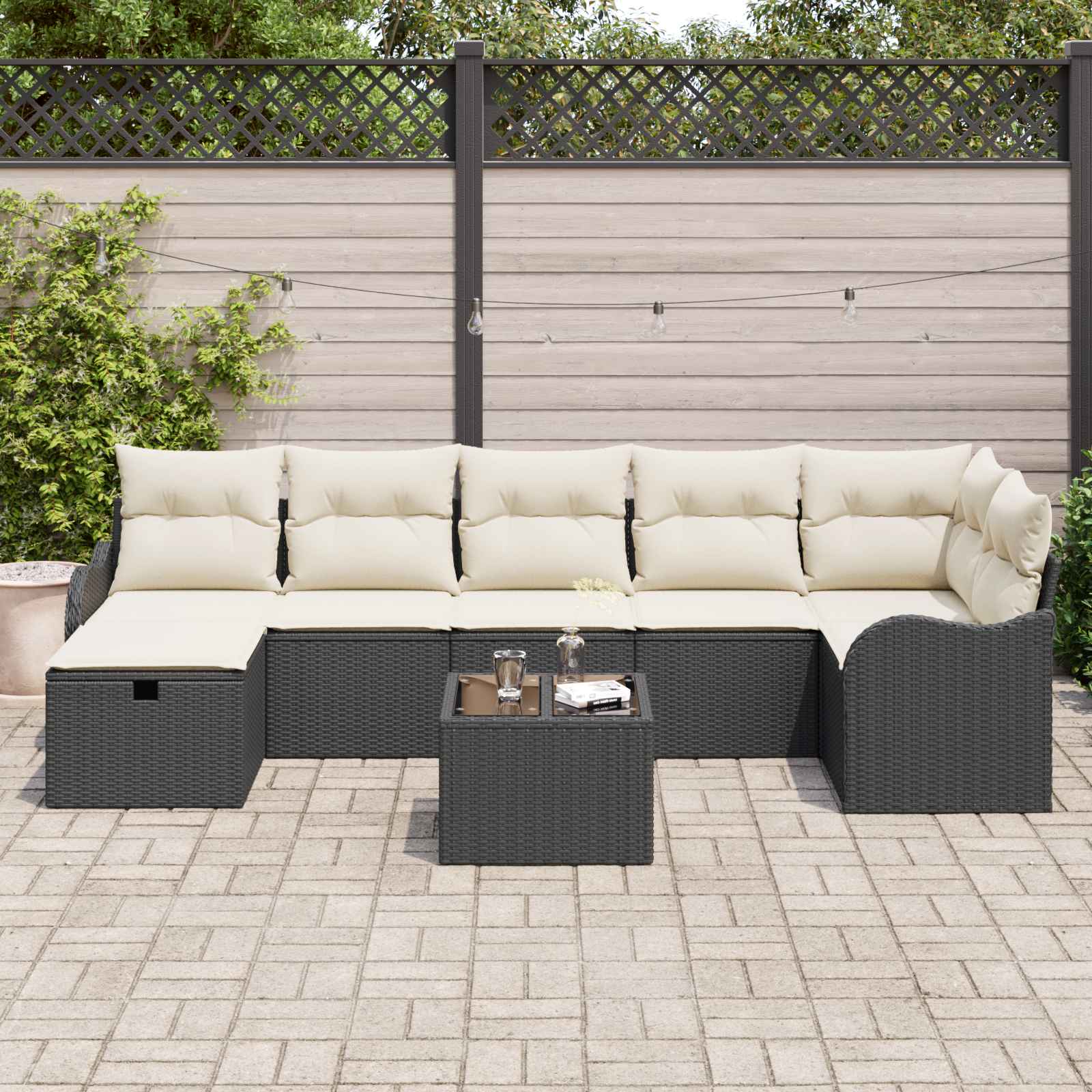 Bankstel 8 st 7-Aantal zitplaatsen Zwart en Crème poly rattan