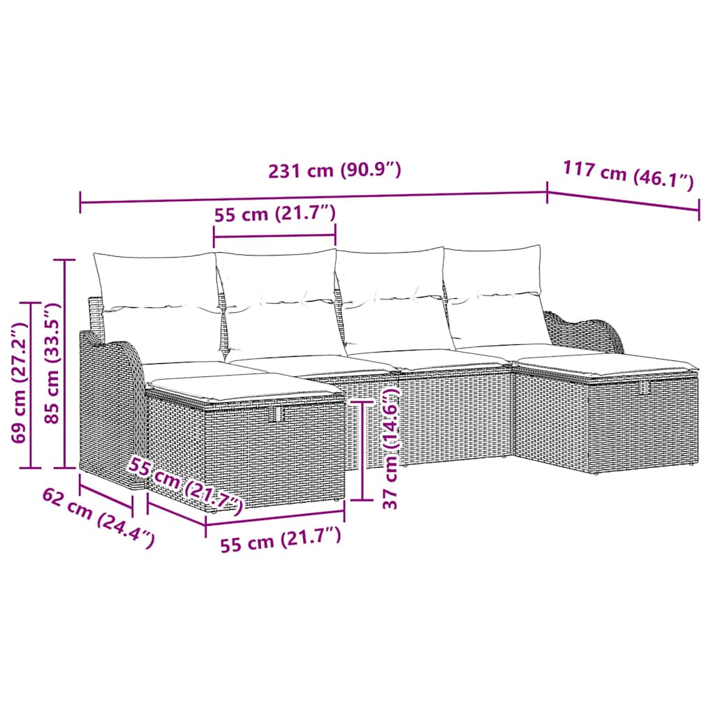 Bankstel 6 st 6-Aantal zitplaatsen Zwart en Crème poly rattan