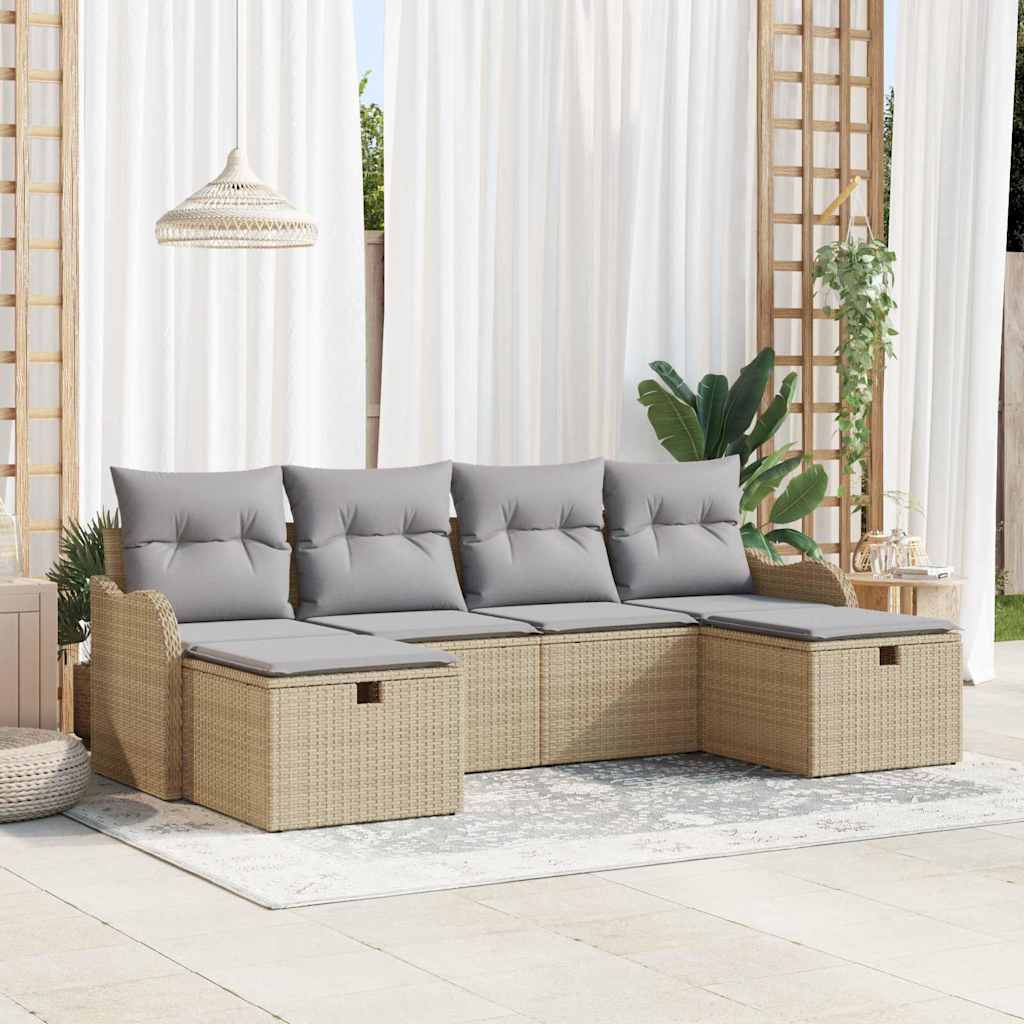 Bankstel met kussen 6 pcs Beige en Licht Grijs poly rattan