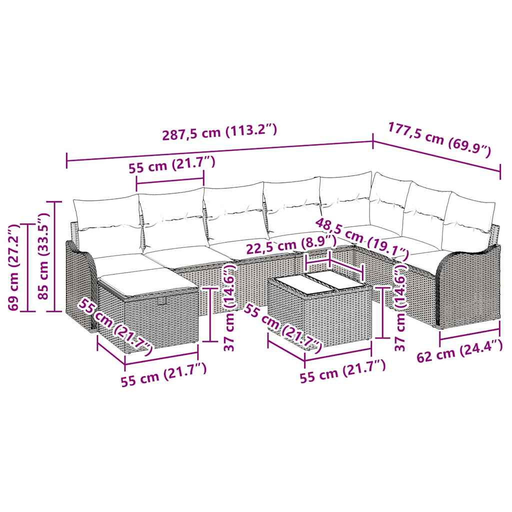 Bankstel met kussen met opslag 9 pcs Zwart en Crème poly rattan