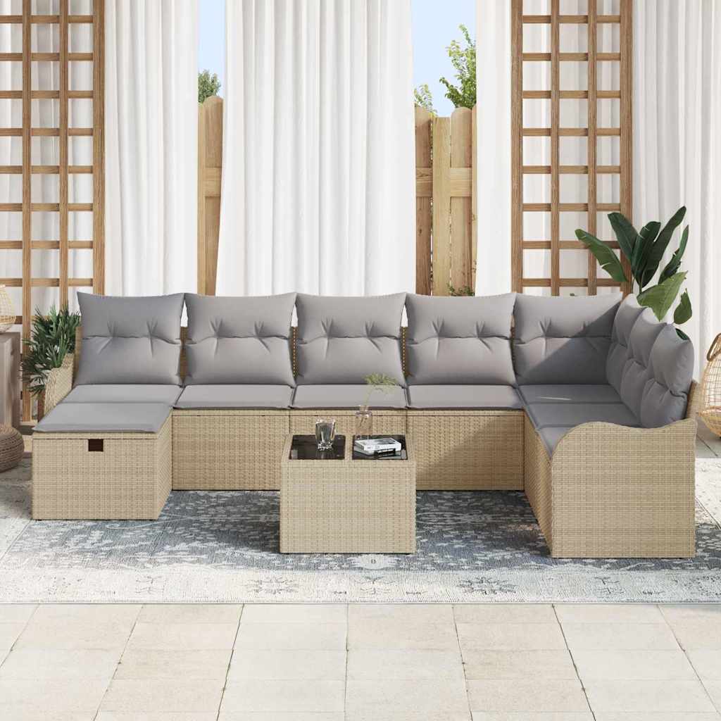 Bankstel met kussen 9 pcs Beige en Licht Grijs poly rattan