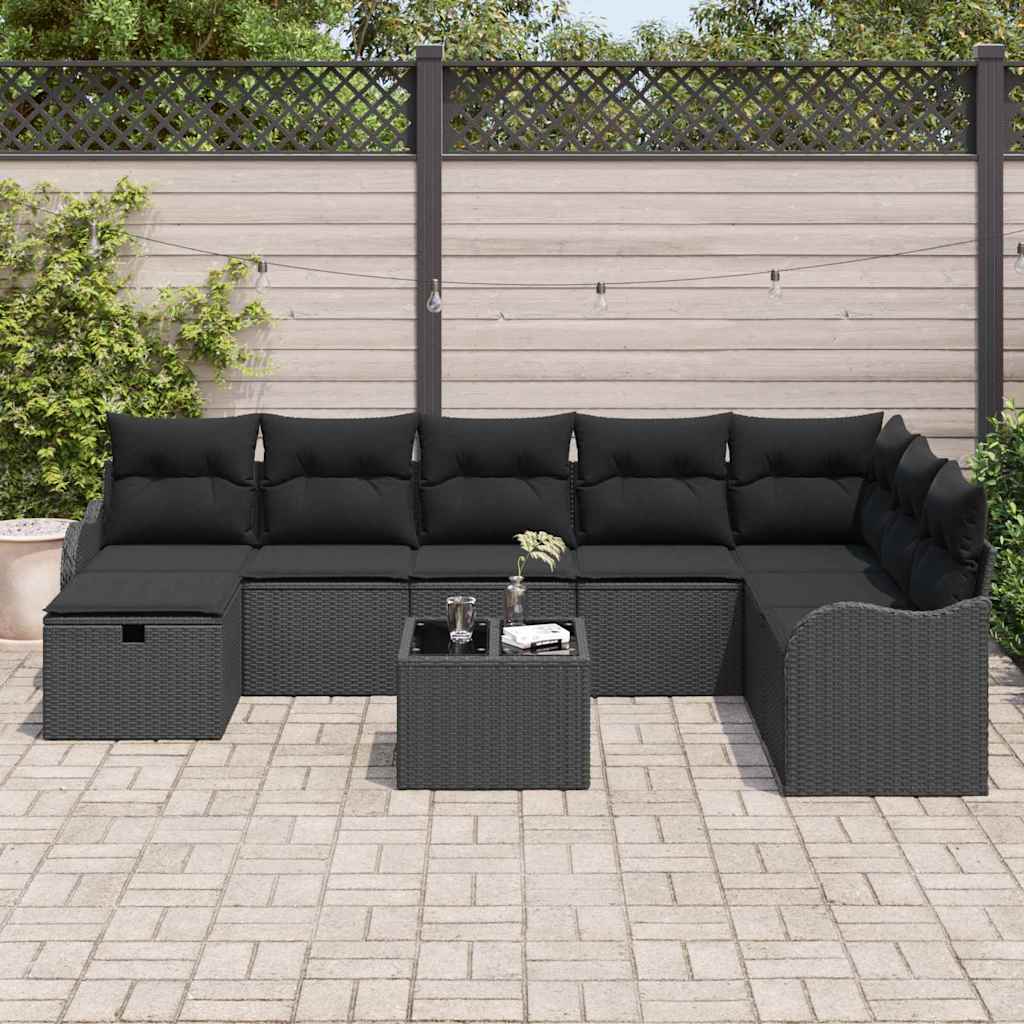 Bankstel met kussen met opslag Zwart poly rattan