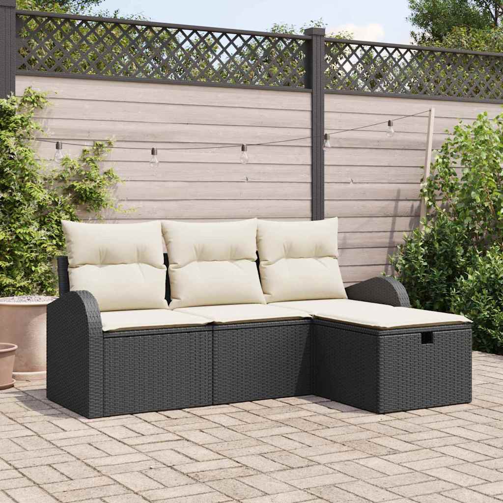 Bankstel 4 st Zwart en Crème poly rattan
