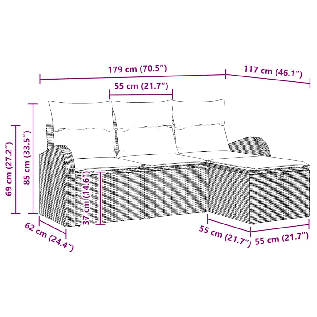 Bankstel met kussen met opslag 4 pcs Grijs poly rattan