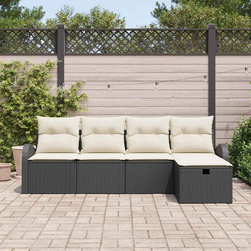 Bankstel 5 st Zwart en Crème poly rattan