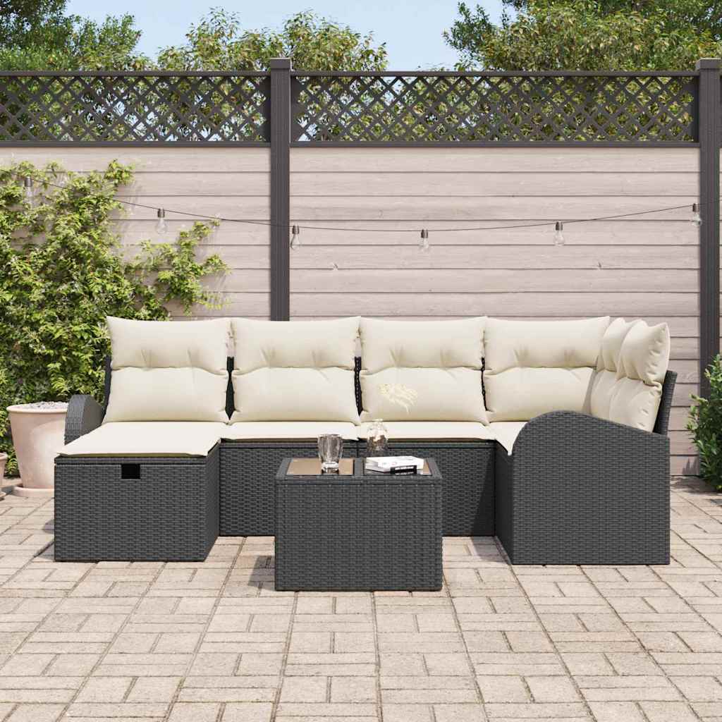 Bankstel met kussen met opslag 7 pcs Zwart en Crème poly rattan