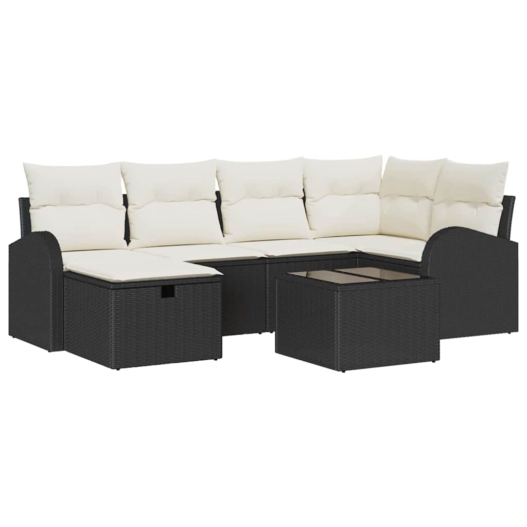 Bankstel met kussen met opslag 7 pcs Zwart en Crème poly rattan