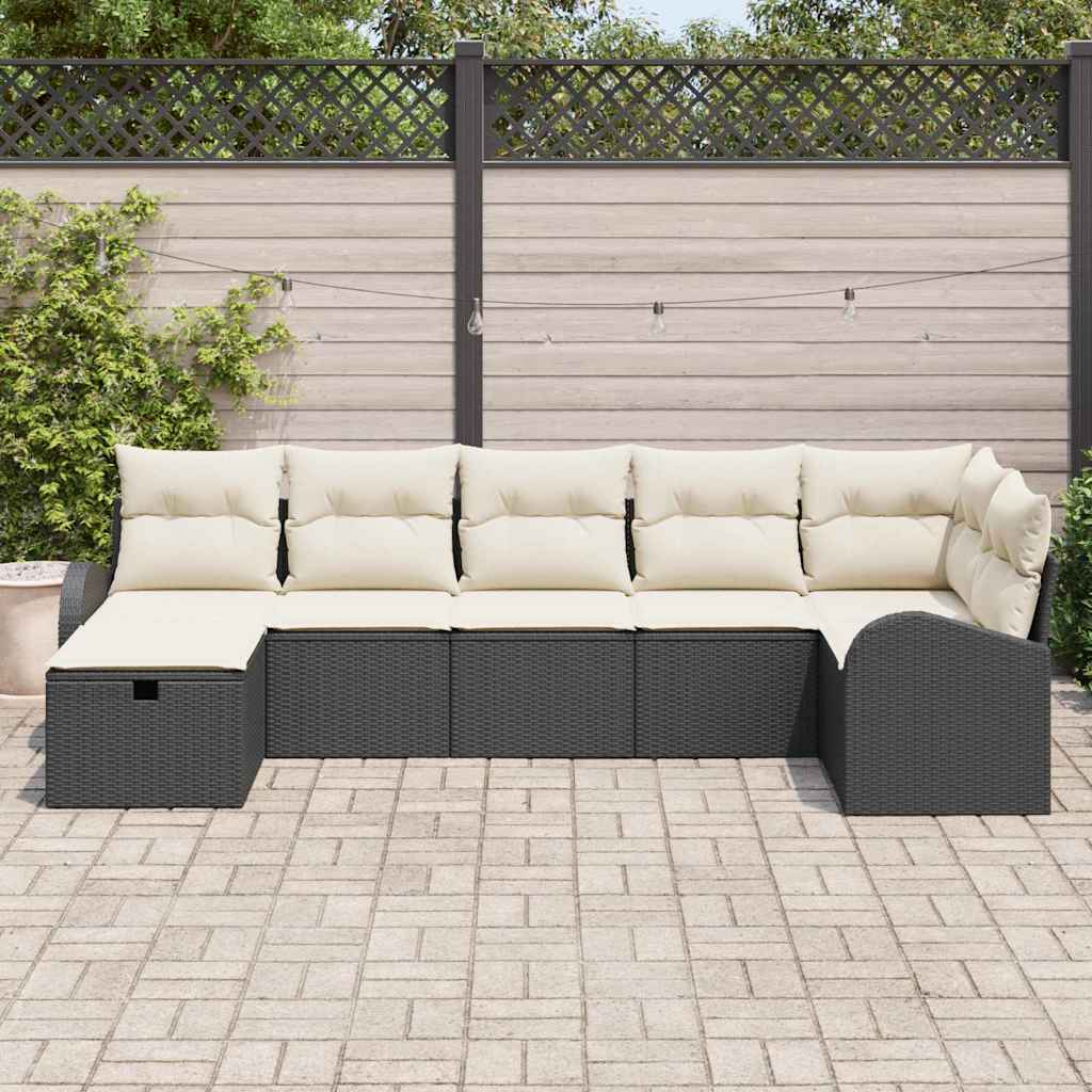 Bankstel 7 st Zwart en Crème poly rattan