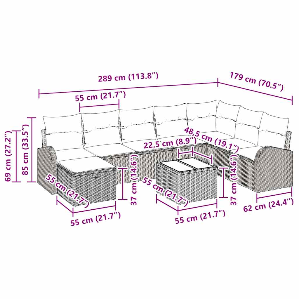 Bankstel 9 st Lichtgrijs poly rattan