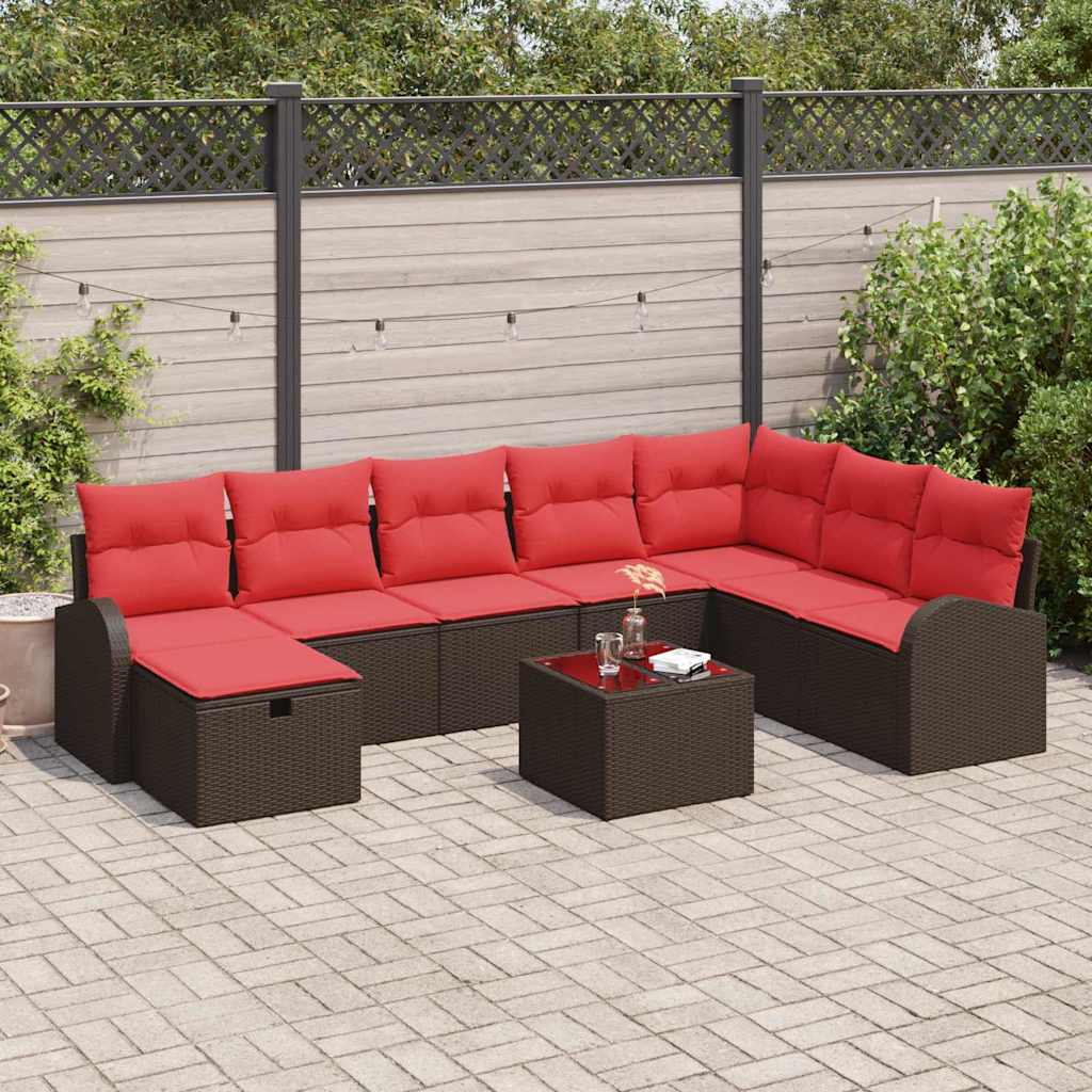 Bankstel 9 st 8-Aantal zitplaatsen Bruin en Rood poly rattan