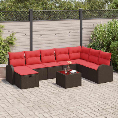Bankstel 9 st 8-Aantal zitplaatsen Bruin en Rood poly rattan