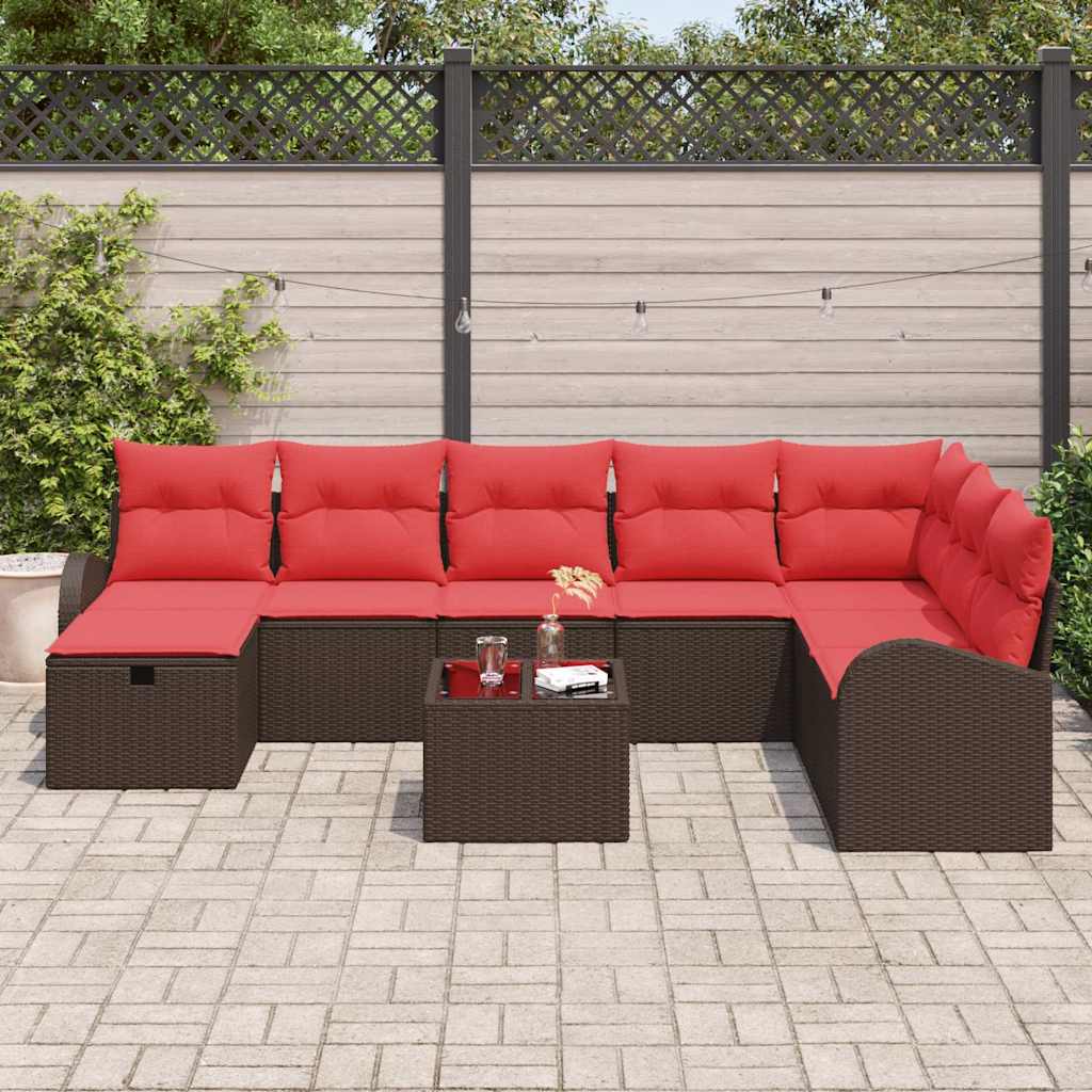 Bankstel 9 st 8-Aantal zitplaatsen Bruin en Rood poly rattan