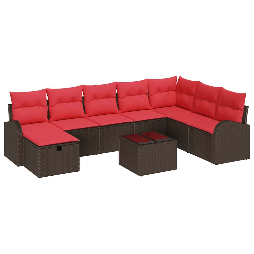 Bankstel 9 st 8-Aantal zitplaatsen Bruin en Rood poly rattan