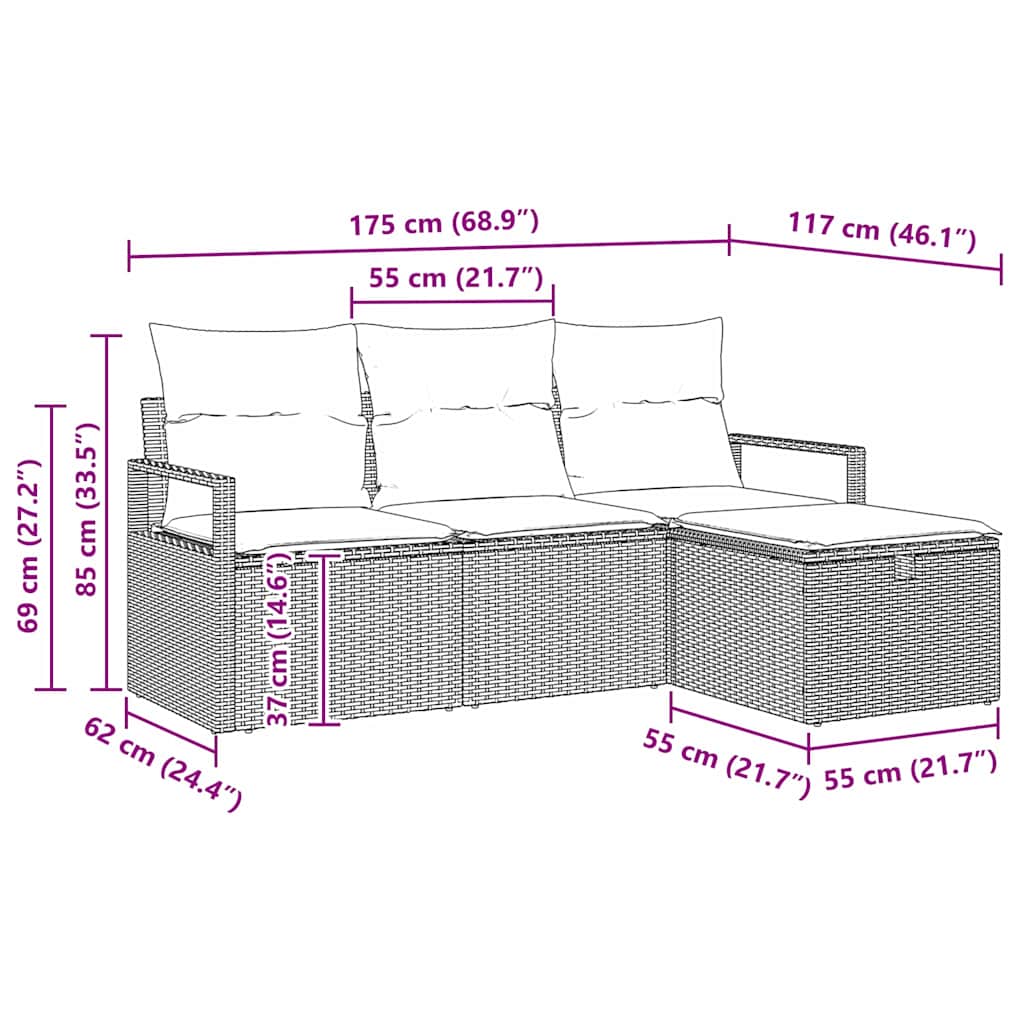 Bankstel met kussen met opslag 4 pcs Grijs poly rattan