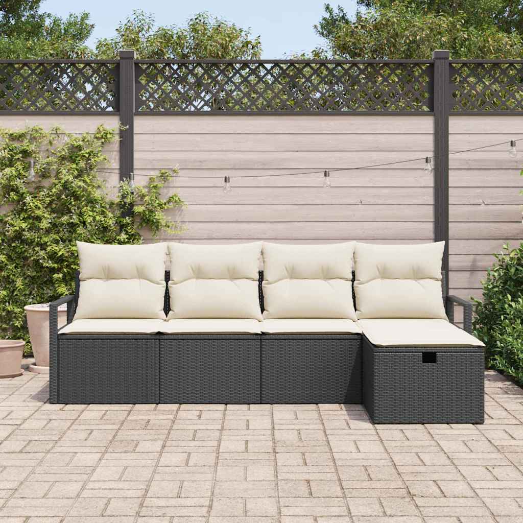 Bankstel 5 st 5-Aantal zitplaatsen Zwart en Crème poly rattan