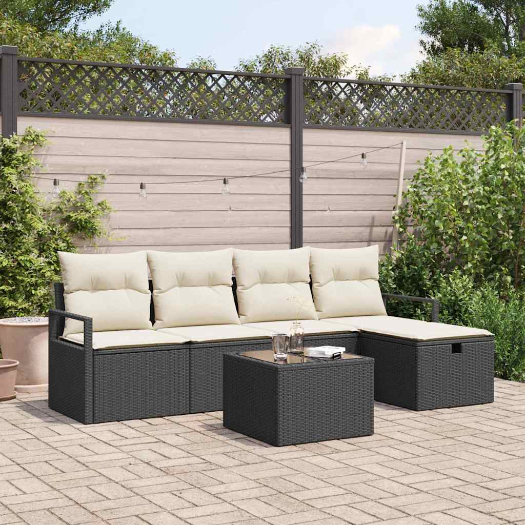 Bankstel 6 st 5-Aantal zitplaatsen Zwart en Crème poly rattan