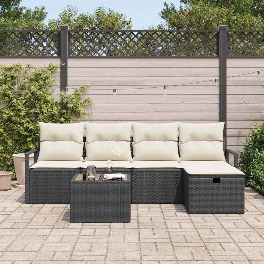 Bankstel 6 st 5-Aantal zitplaatsen Zwart en Crème poly rattan