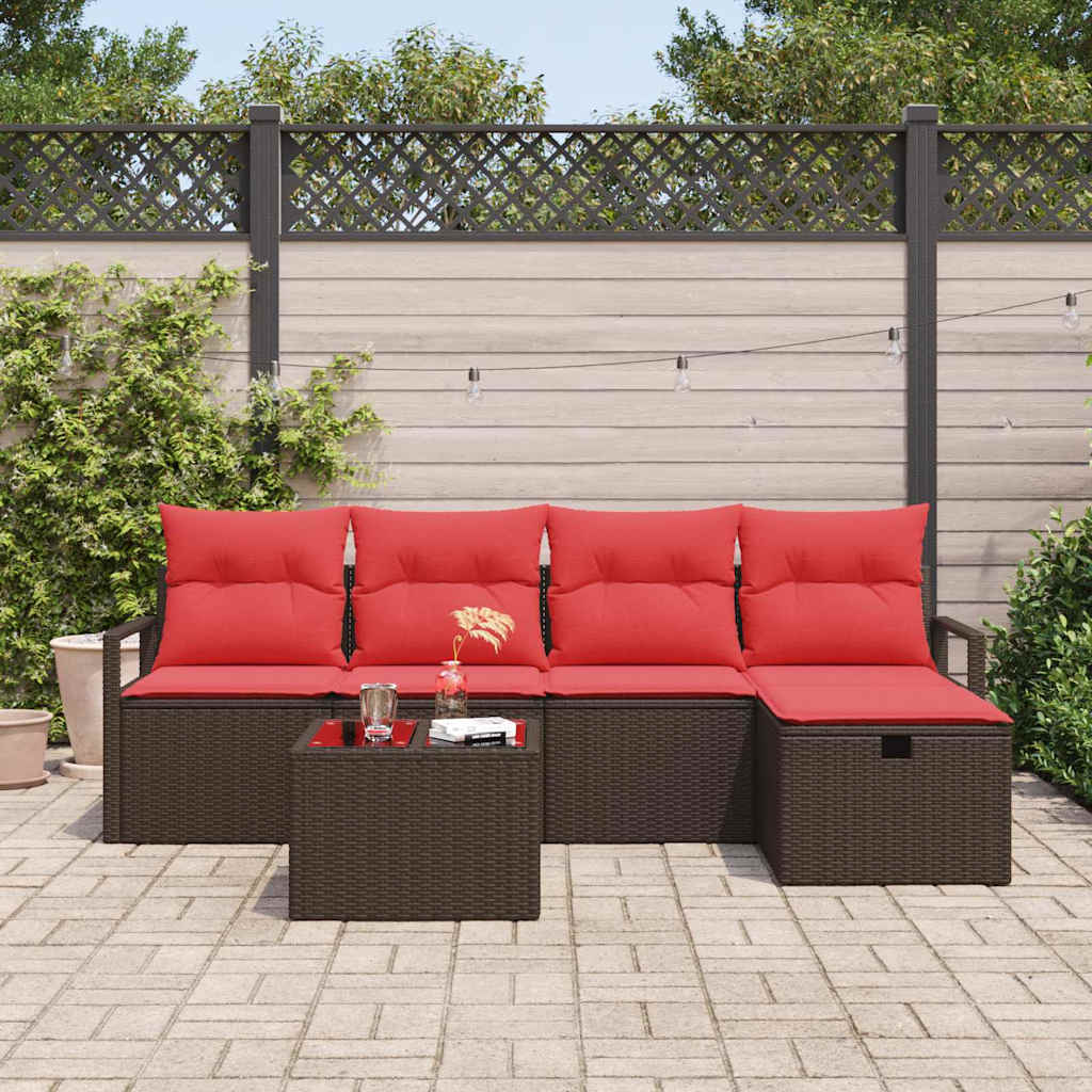 Bankstel 6 st 5-Aantal zitplaatsen Bruin en Rood poly rattan